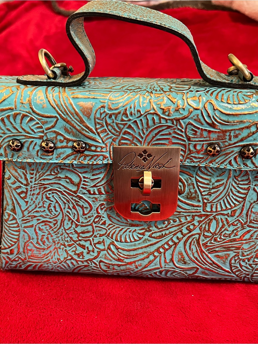 Patricia Nash Turquoise Embossed Floral Leather Satchel with Brass Hardware